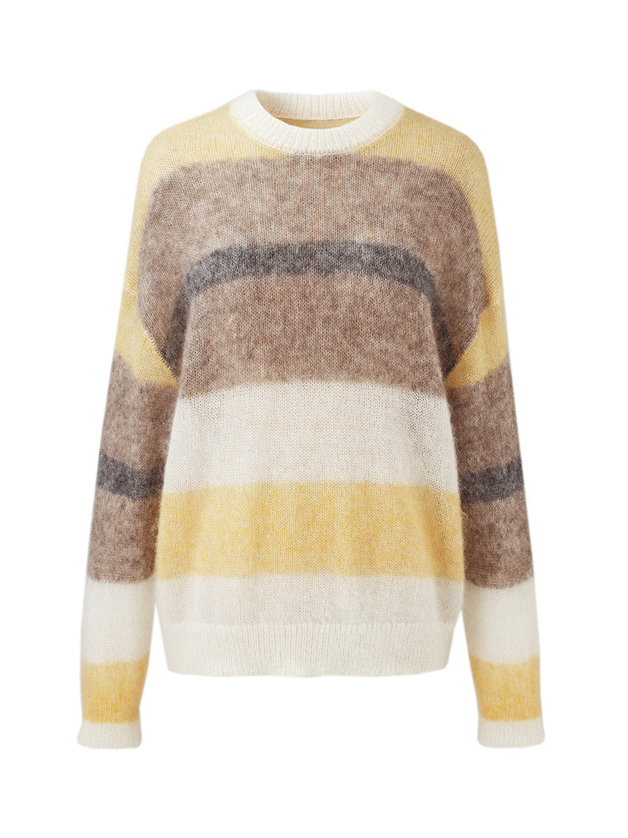 COMOBOCA Women's Mohair Striped Round Neck Sweater
