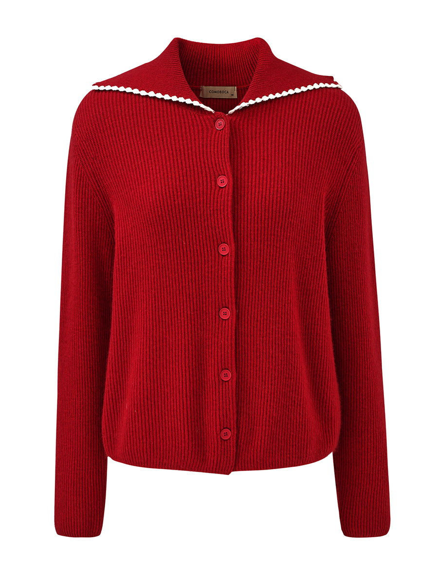 COMOBOCA 100% Cashmere Women's Contrast Trimmed Collared Knit Cardigan