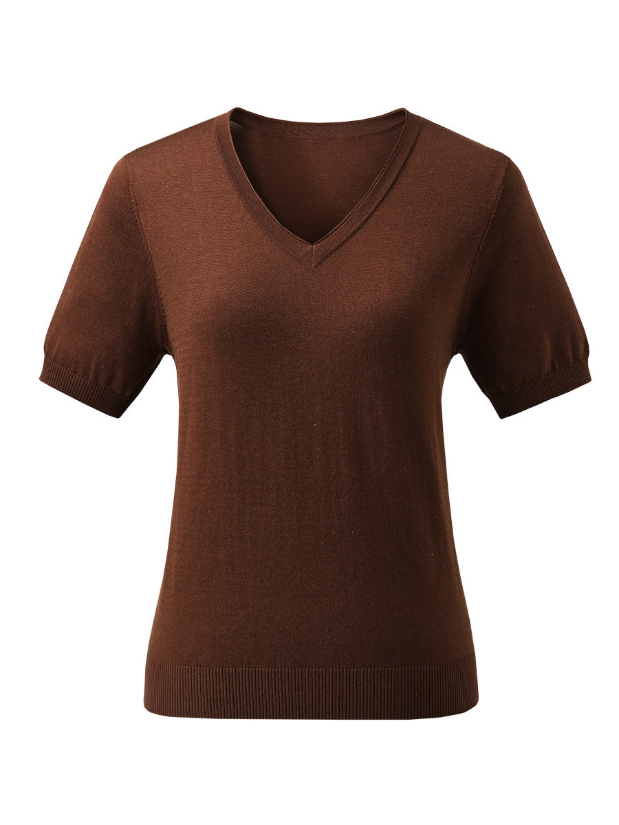 COMOBOCA Women's Lyocell V-Neck Ribbed Knit T-Shirt