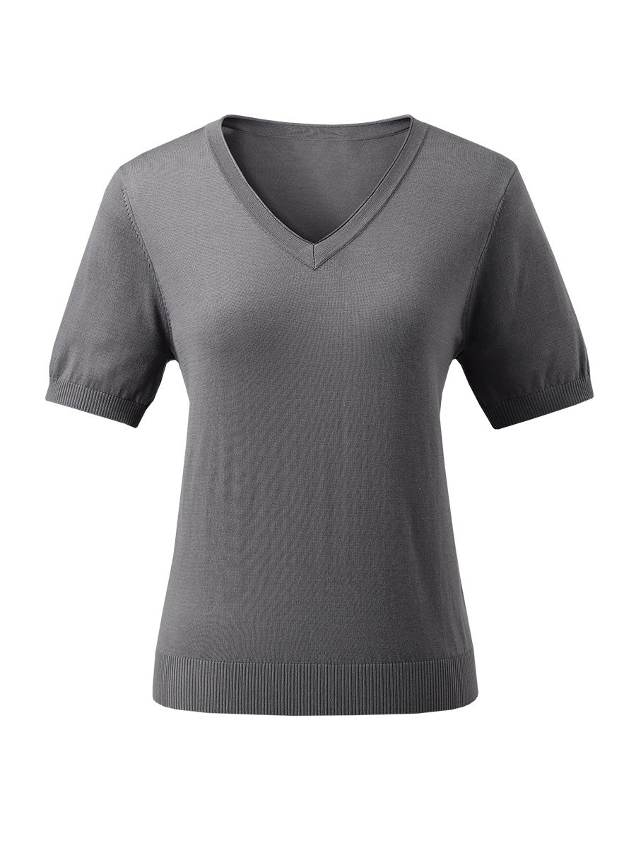 COMOBOCA Women's Lyocell V-Neck Ribbed Knit T-Shirt
