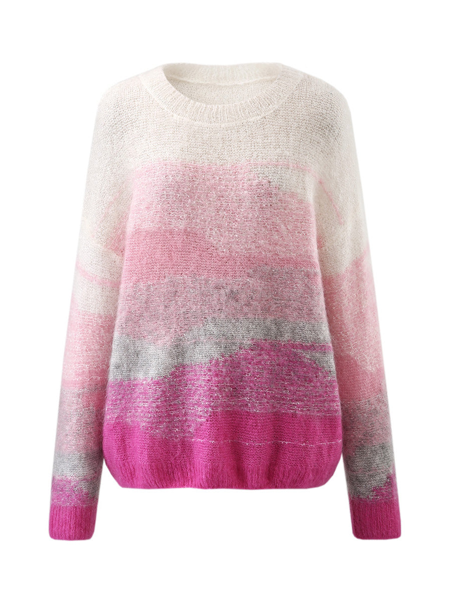 COMOBOCA Women's Mohair Crew Neck Gradient Knit Sweater