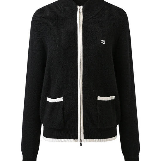 COMOBOCA 100% Cashmere Women's Contrast Trim Dual Zip Pocket Cardigan