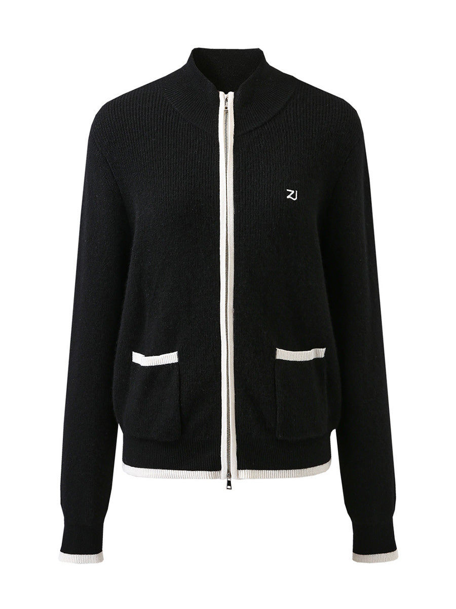 COMOBOCA 100% Cashmere Women's Contrast Trim Dual Zip Pocket Cardigan