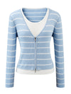 COMOBOCA Women's Striped Ribbed Knit Faux 2-in-1 Zip Cardigan