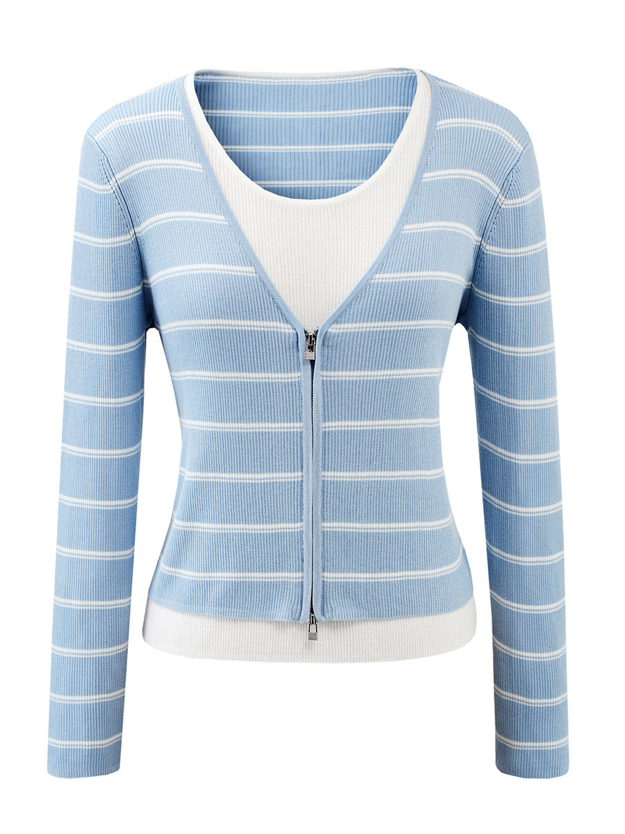 COMOBOCA Women's Striped Ribbed Knit Faux 2-in-1 Zip Cardigan