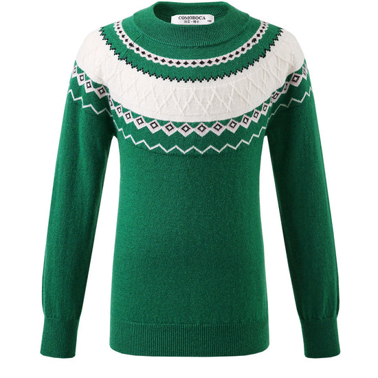 COMOBOCA 100% Wool Kids' Jacquard Round Neck Sweater