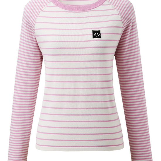COMOBOCA Women's Cotton Silk Striped Smiley Patch T-Shirt Knit Sweater