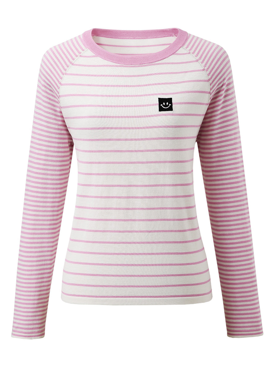 COMOBOCA Women's Cotton Silk Striped Smiley Patch T-Shirt Knit Sweater