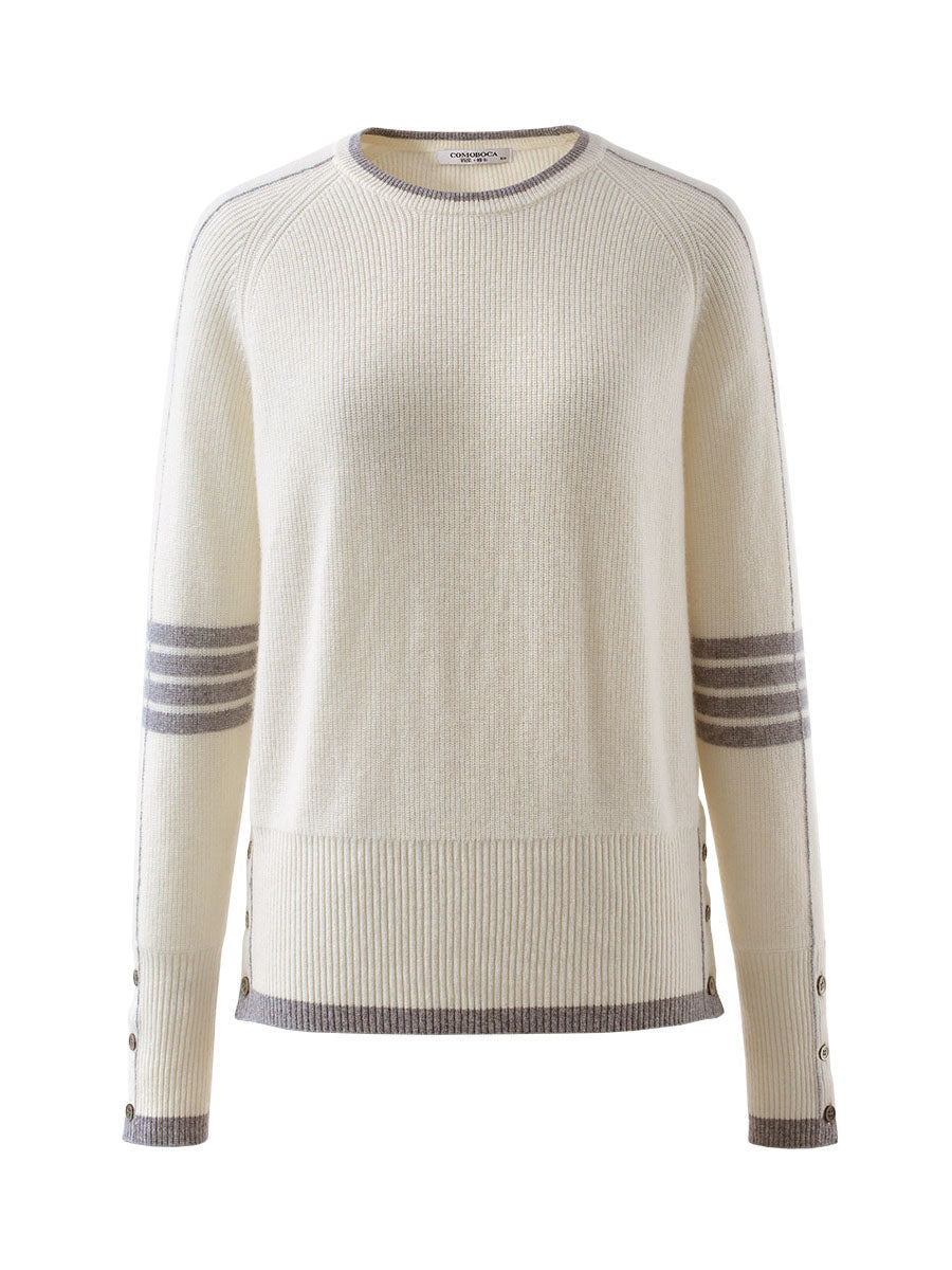 COMOBOCA 100% Cashmere Women's Striped Sleeve Round Neck Sweater