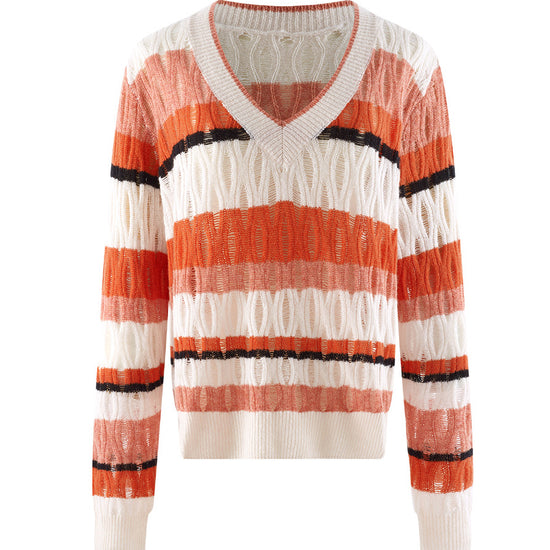 COMOBOCA 100% Cashmere Women's Striped V-Neck Knit Sweater