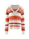 COMOBOCA 100% Cashmere Women's Striped V-Neck Knit Sweater
