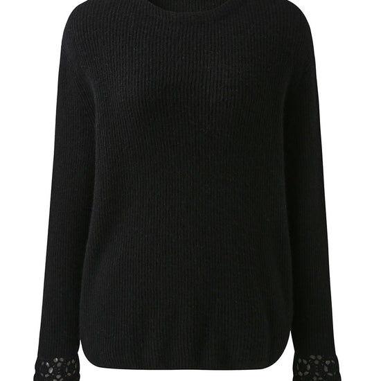 COMOBOCA 100% Cashmere Women's Ribbed Crochet Lace Cuffs Sweater