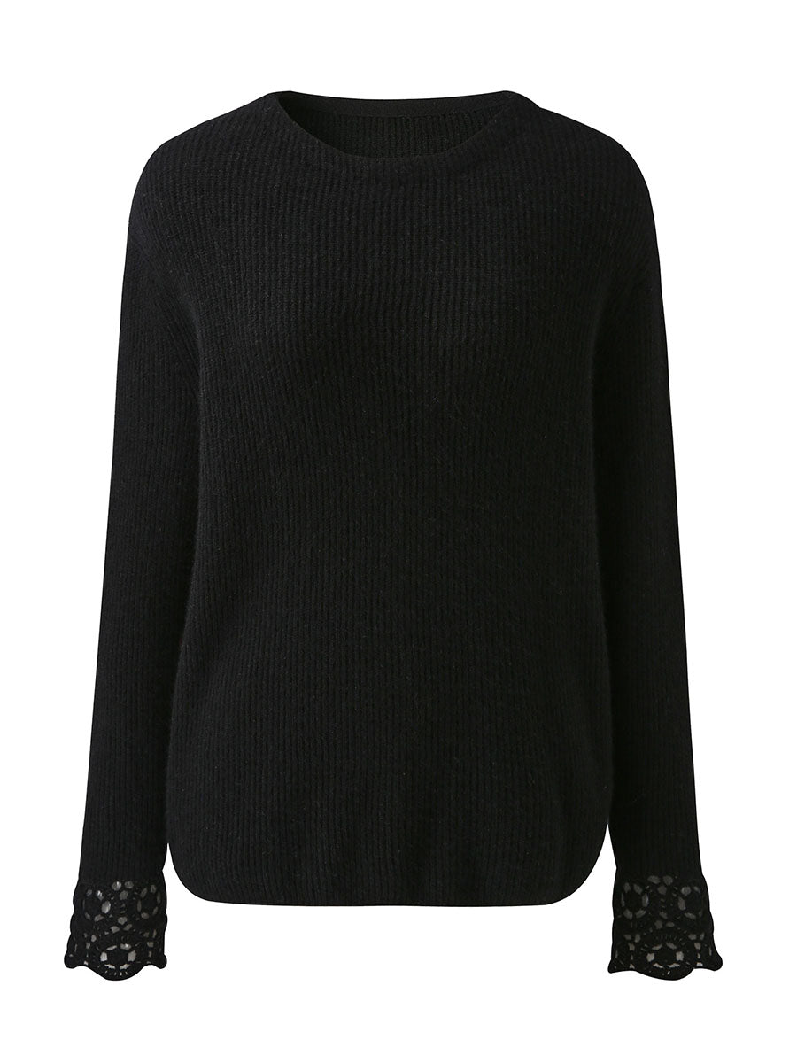 COMOBOCA 100% Cashmere Women's Ribbed Crochet Lace Cuffs Sweater