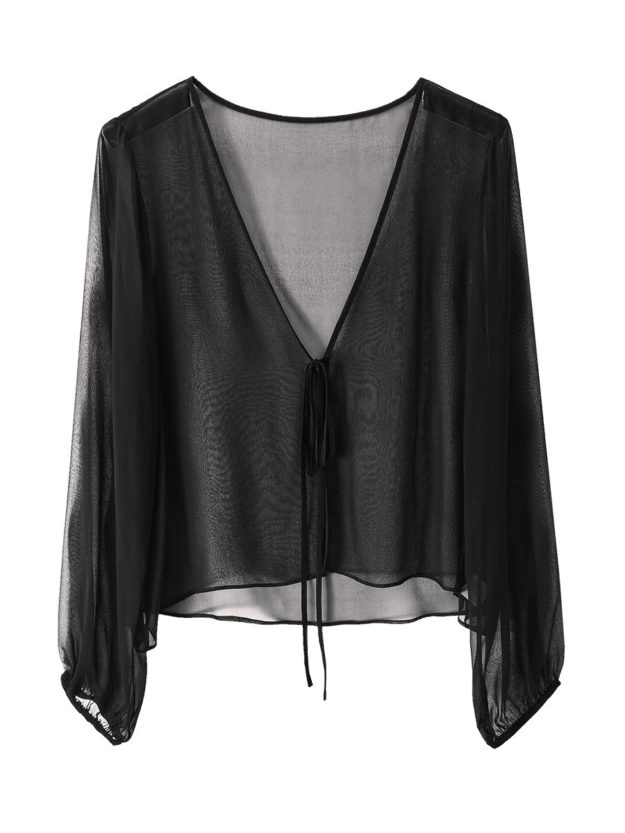 COMOBOCA 100% Mulberry Silk Women's Tie-Front Blouse