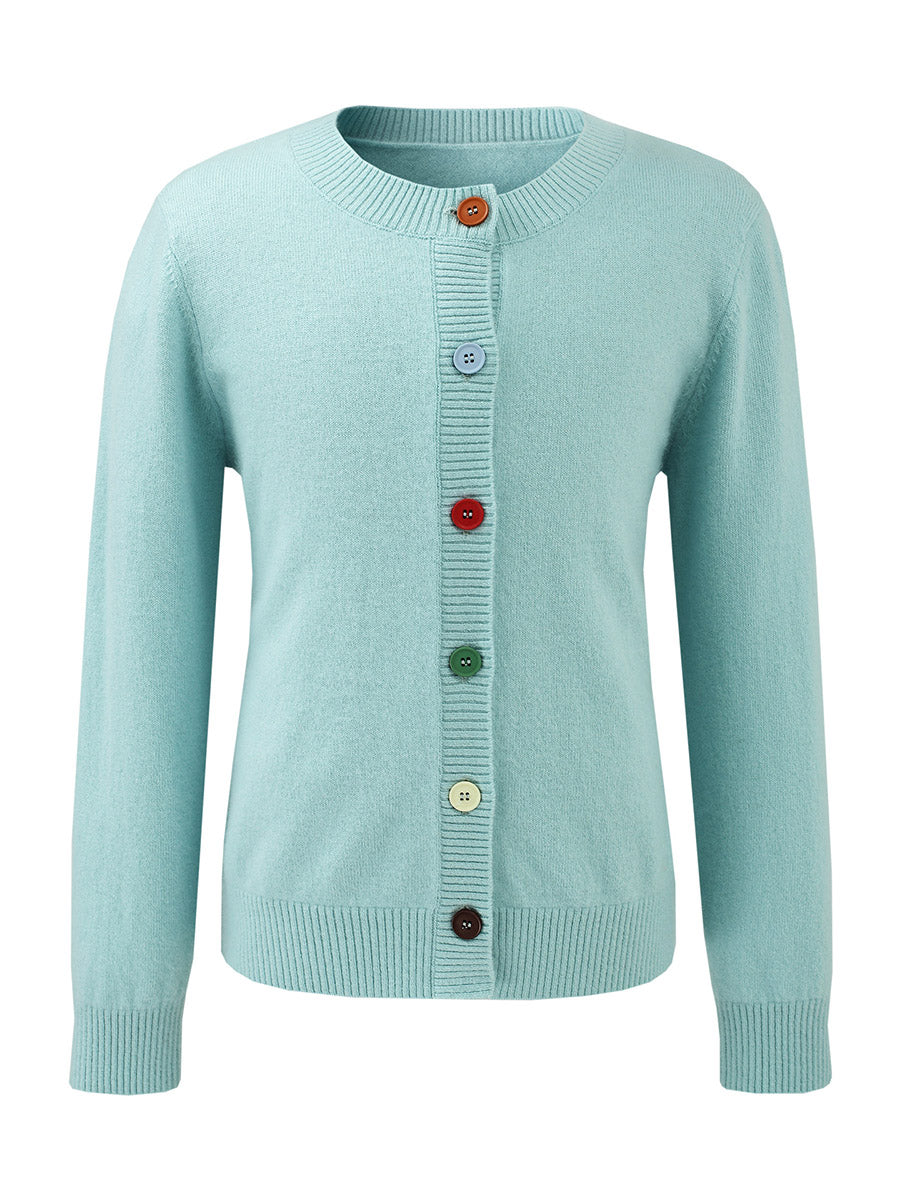 COMOBOCA 100% Wool Kids' Colorful Buttons Round Neck Cardigan