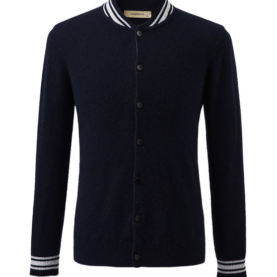 COMOBOCA 100% Cashmere Men's Striped Collar Button Cardigan