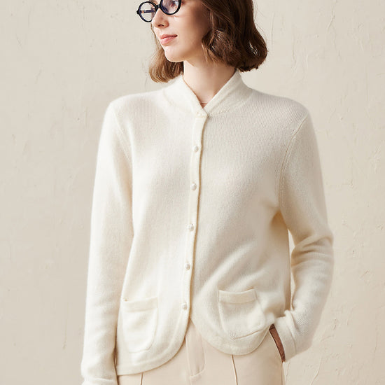 COMOBOCA White 100% Cashmere Women's Cardigan with Mandarin Collar
