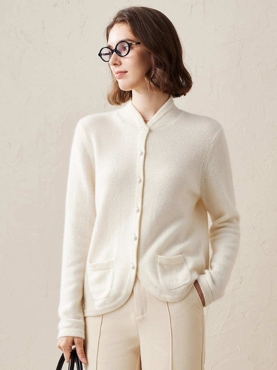 COMOBOCA White 100% Cashmere Women's Cardigan with Mandarin Collar