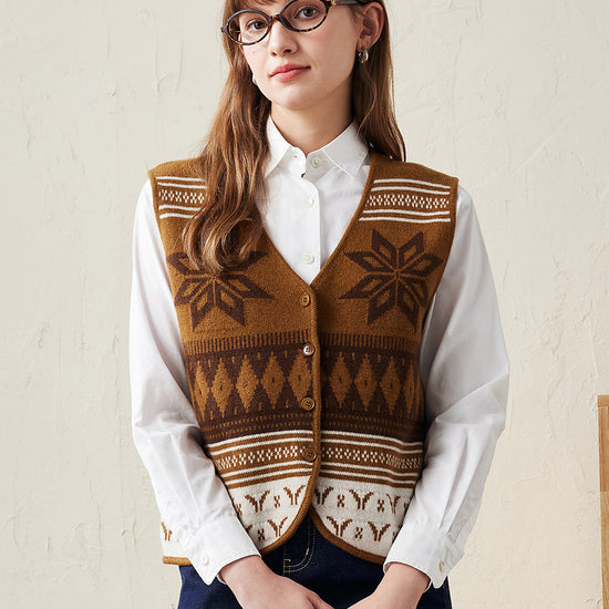 COMOBOCA Brown 100% Wool Women's Vintage Fair Isle Knit Vest