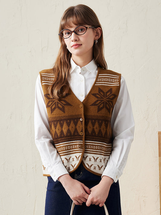 COMOBOCA Brown 100% Wool Women's Vintage Fair Isle Knit Vest