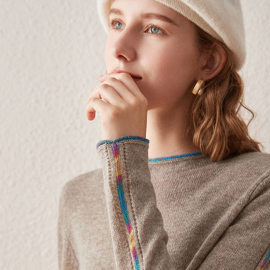 COMOBOCA BEIGE 100% Cashmere Women's Sweater with Built-in Collar