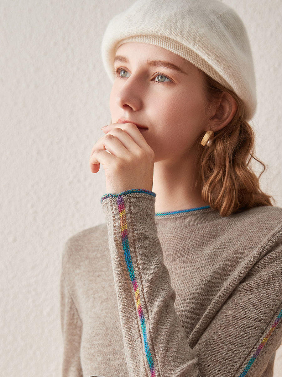 COMOBOCA BEIGE 100% Cashmere Women's Sweater with Built-in Collar