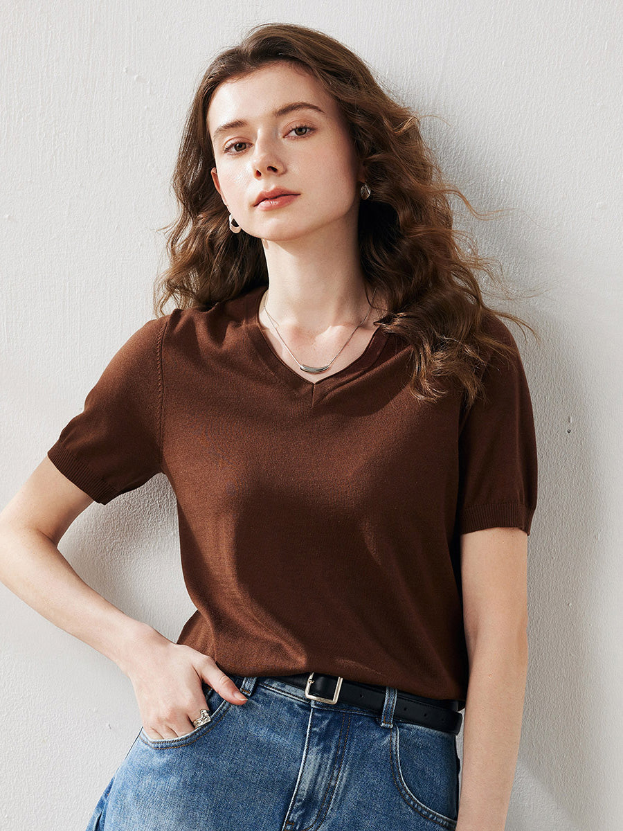 COMOBOCA Coffee Women's Lyocell V-Neck Ribbed Knit T-Shirt