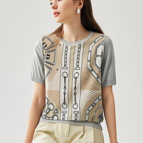 COMOBOCA Women's Graphic Chain Design Knit T-Shirt