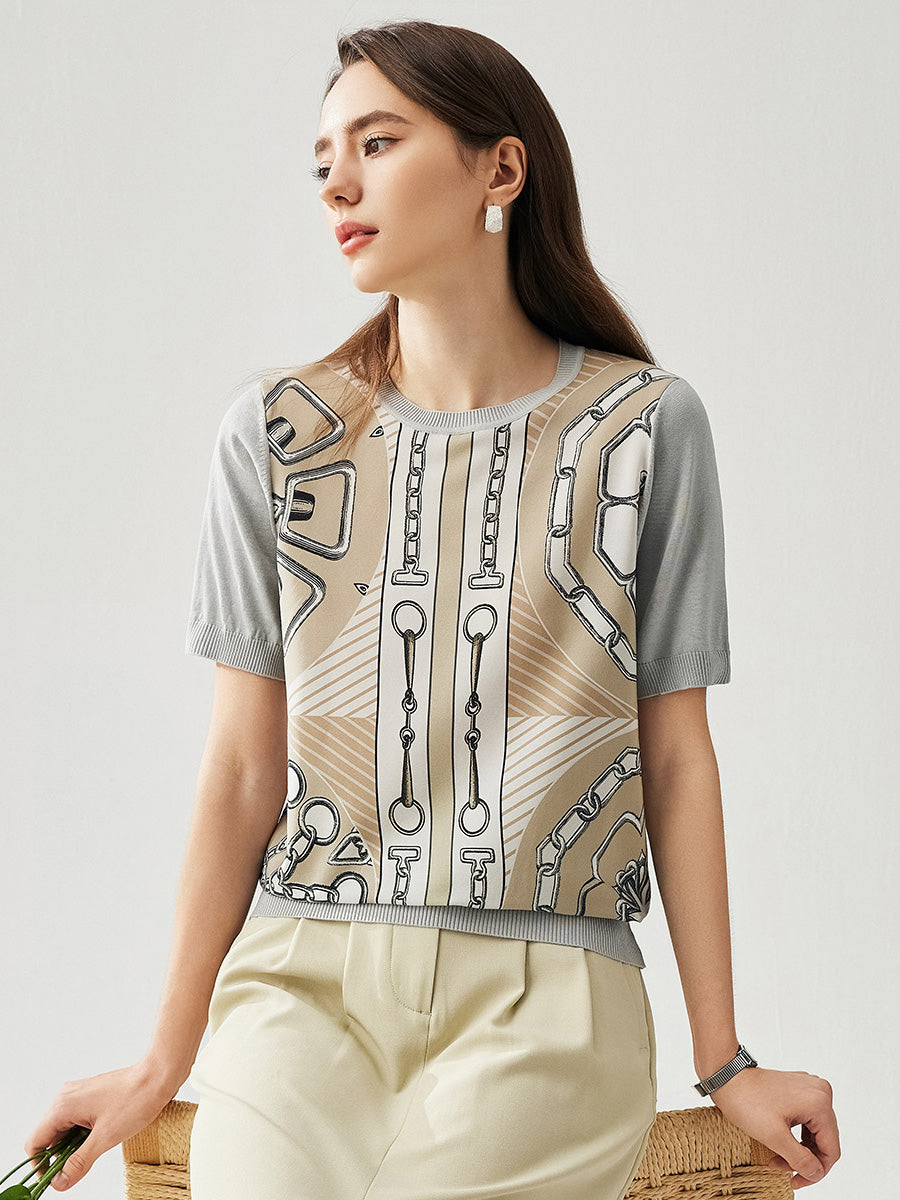 COMOBOCA Women's Graphic Chain Design Knit T-Shirt