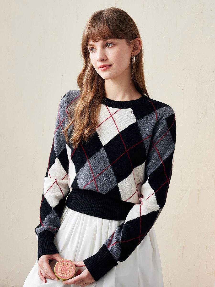 COMOBOCA L Black 100% Wool Women's Argyle Pattern Knit Sweater