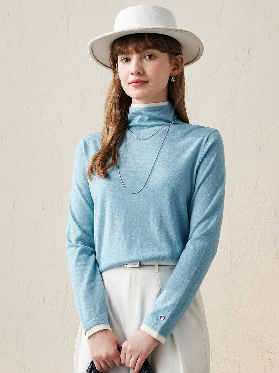 COMOBOCA Light Blue 100% Wool Women's Lightweight Turtleneck Sweater