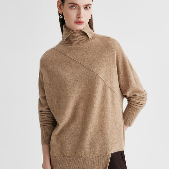 COMOBOCA Camel 100% Cashmere Women's Asymmetric Turtleneck Sweater