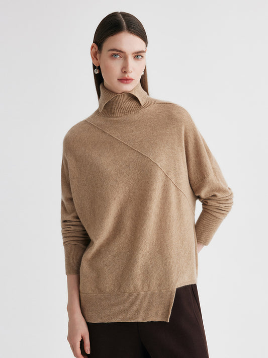 COMOBOCA Camel 100% Cashmere Women's Asymmetric Turtleneck Sweater