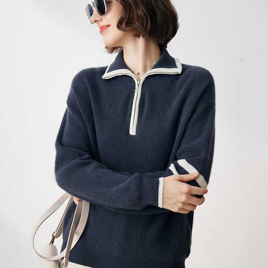 COMOBOCA 100% Cashmere Women's Contrast Trim Zip Sweater