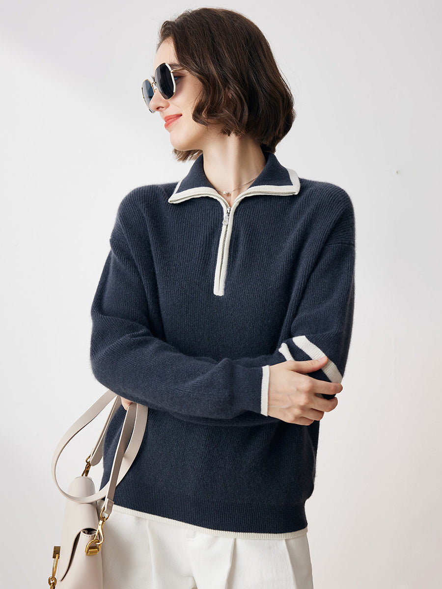 COMOBOCA 100% Cashmere Women's Contrast Trim Zip Sweater