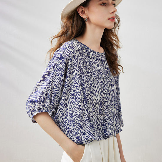 COMOBOCA 100% Mulberry Silk Women's Floral Printed Puff Sleeve Blouse