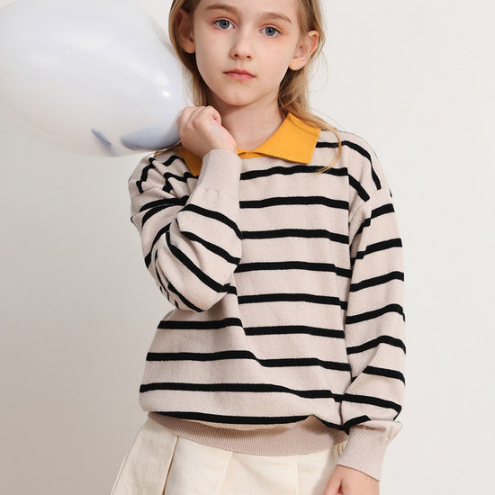 COMOBOCA WHITE 100% Wool Kids' Striped Collar Sweater
