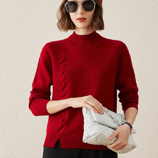 COMOBOCA Deep Red 100% Cashmere Women's Ribbed Cable Knit Sweater