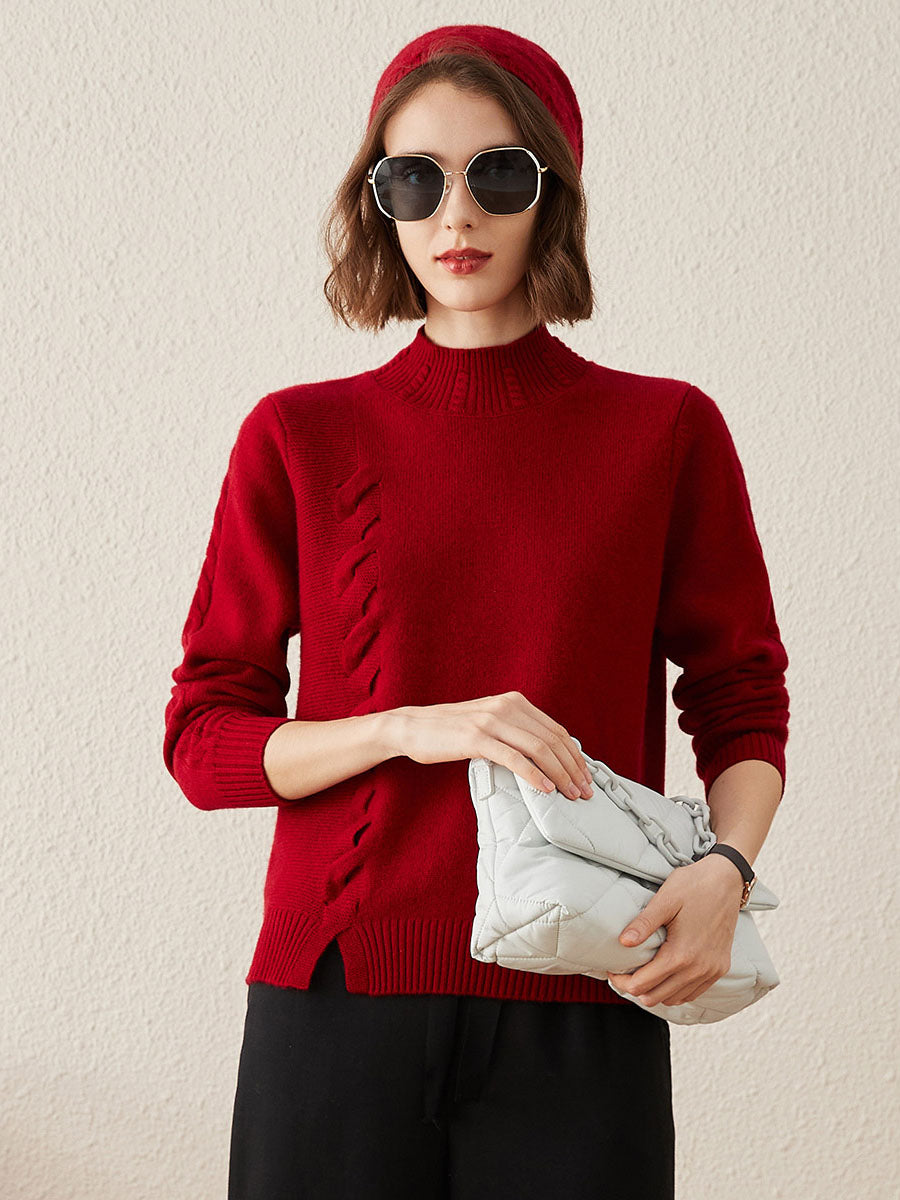 COMOBOCA Deep Red 100% Cashmere Women's Ribbed Cable Knit Sweater