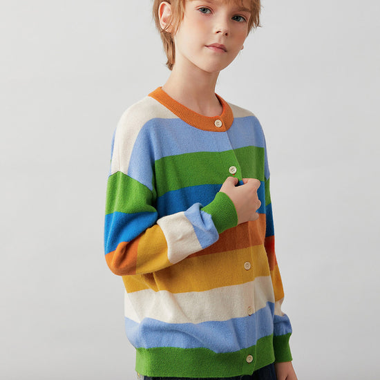COMOBOCA 100% Wool Kids' Colorful Striped Round Neck Cardigan