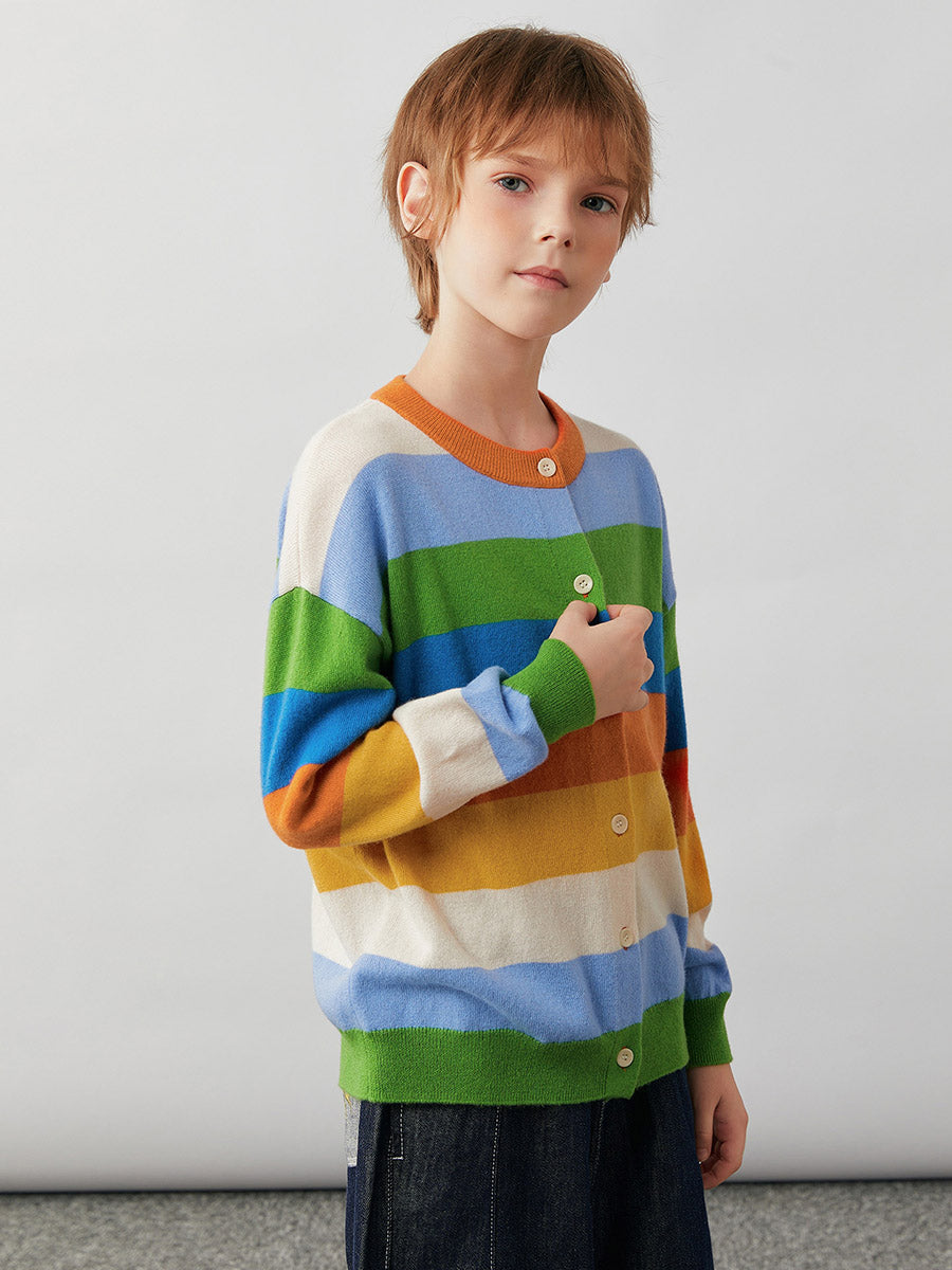 COMOBOCA 100% Wool Kids' Colorful Striped Round Neck Cardigan