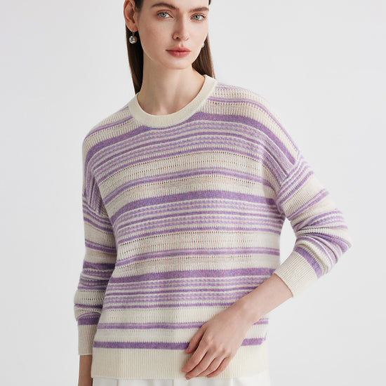 COMOBOCA Purple 100% Cashmere Women's Striped Knit Round Neck Sweater