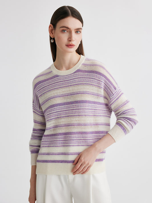COMOBOCA Purple 100% Cashmere Women's Striped Knit Round Neck Sweater