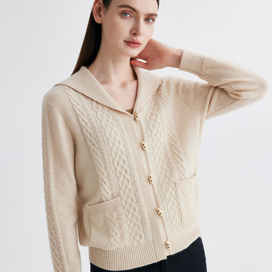 COMOBOCA 100% Cashmere Women's Sailor Collar Cable Knit Cardigan