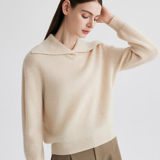 COMOBOCA 100% Cashmere Women's Ribbed Sailor Collar Knit Sweater