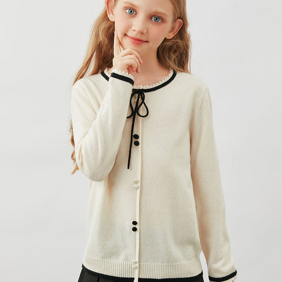 COMOBOCA Cloudy 100% Wool Kids' Tie-Neck Contrast Trim Sweater