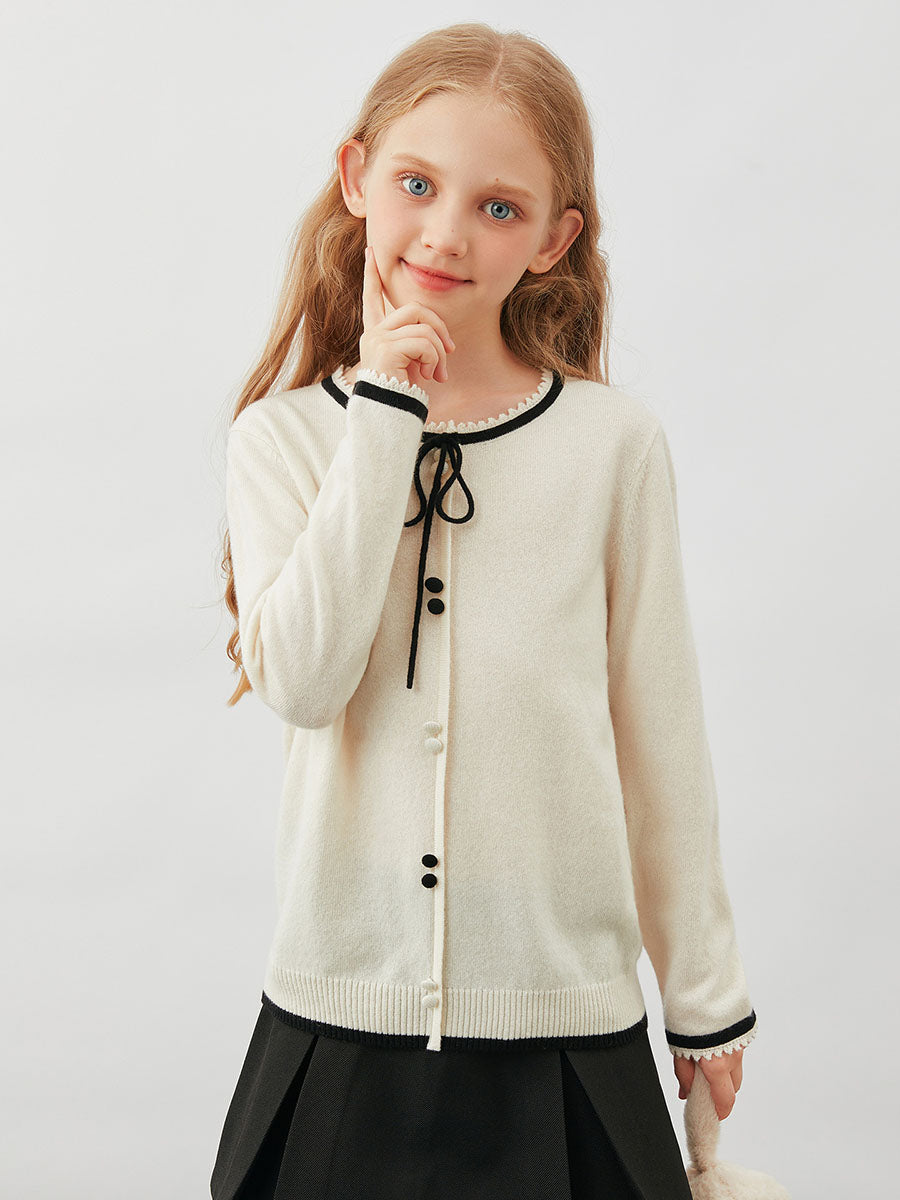 COMOBOCA Cloudy 100% Wool Kids' Tie-Neck Contrast Trim Sweater