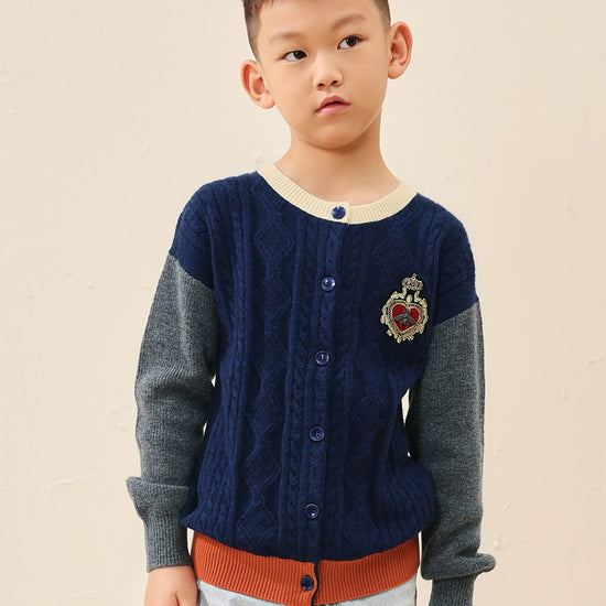 COMOBOCA 100% Wool Kids' Royal Embroidered Cable Knit Cardigan