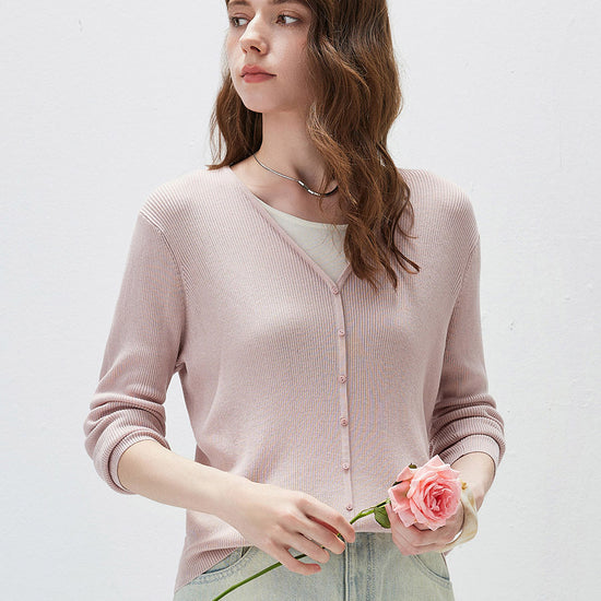 COMOBOCA Light Pink Women's Ribbed Knit V-Neck Faux Cardigan