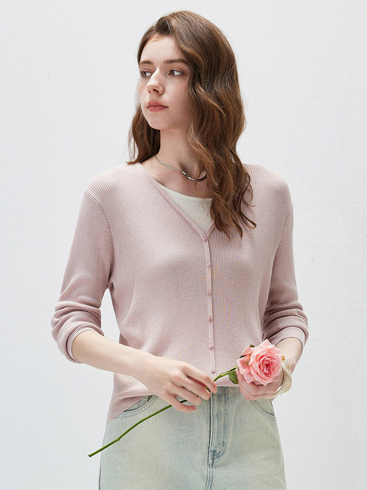 COMOBOCA Light Pink Women's Ribbed Knit V-Neck Faux Cardigan